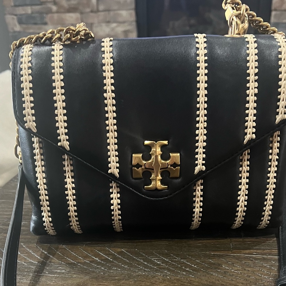 Tory Burch Black and Cream Quilted Stitch Crossbody Bag with Gold Hardware